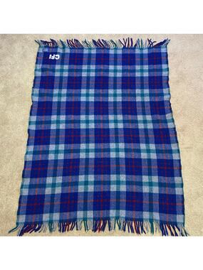 Vintage Pendleton 100% Virgin Wool Blue Plaid Fringe Throw Picnic Blanket
